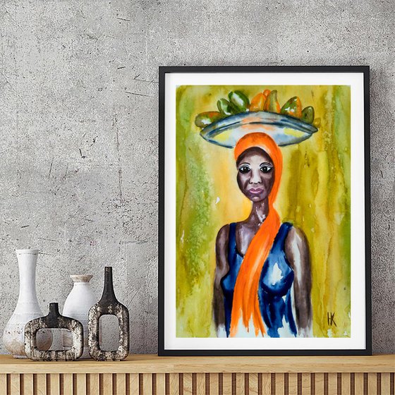 African Woman. Mango Seller. watercolor painting