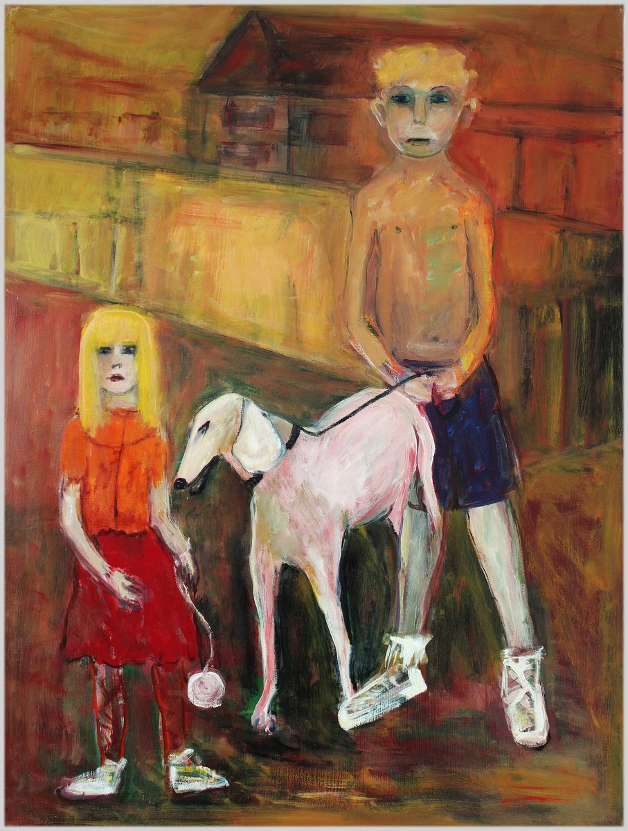 Expressive Portrait Oil Painting By Victorine Follana, 26 X 32", Le Chien Blanc, Original Artwork