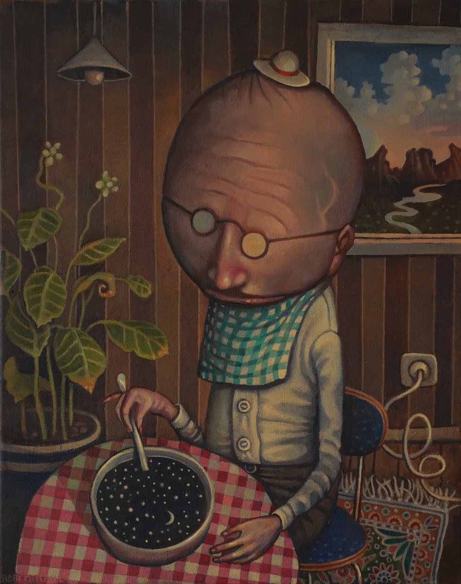 Naive Portrait Oil Painting By Rory Mitchell, 16 X 20", Dinner For One, Original Artwork