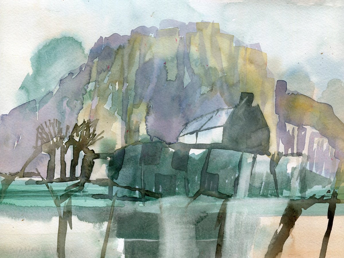 Expressive Landscape Watercolour By Elizabeth Anne Fox, 16 X 12, Under The Mountain, Original Artwork