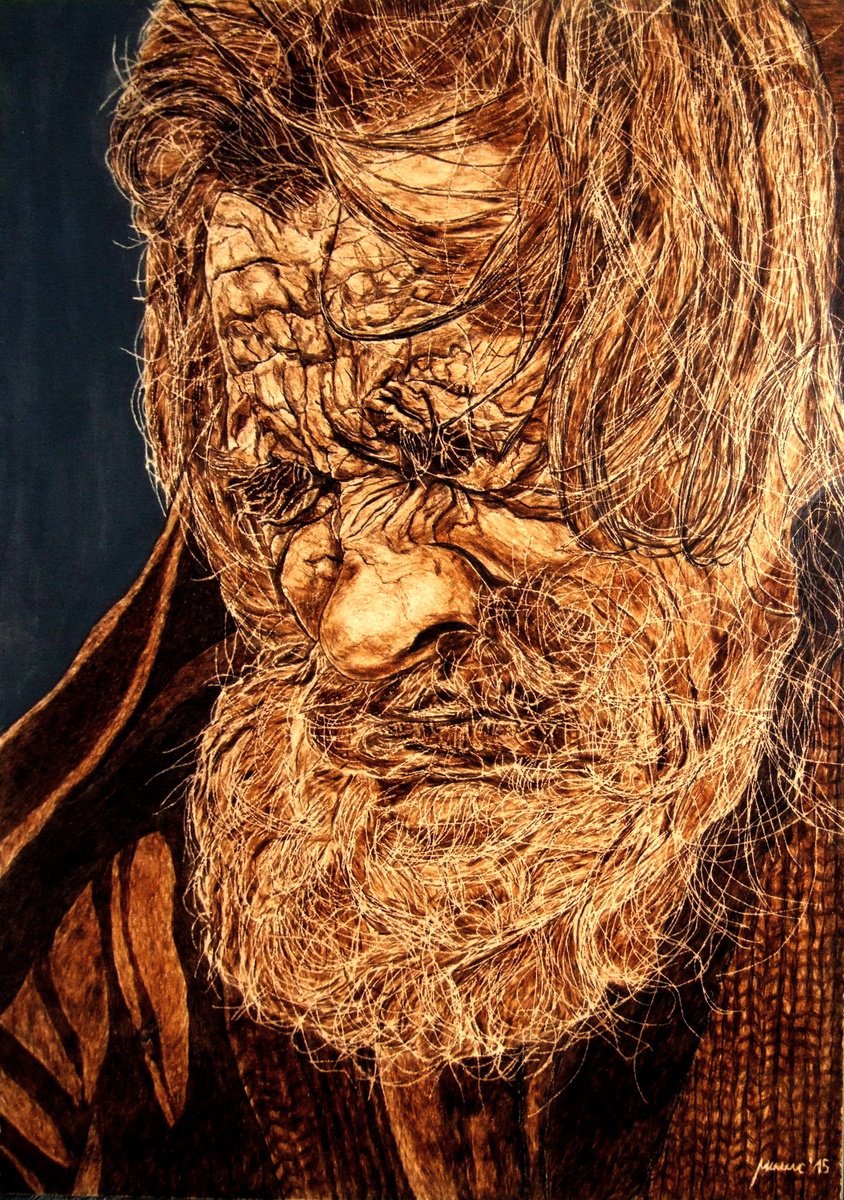 Expressive Portrait Painting By Milis Pyrography, 20 X 28", Penance, Original Artwork