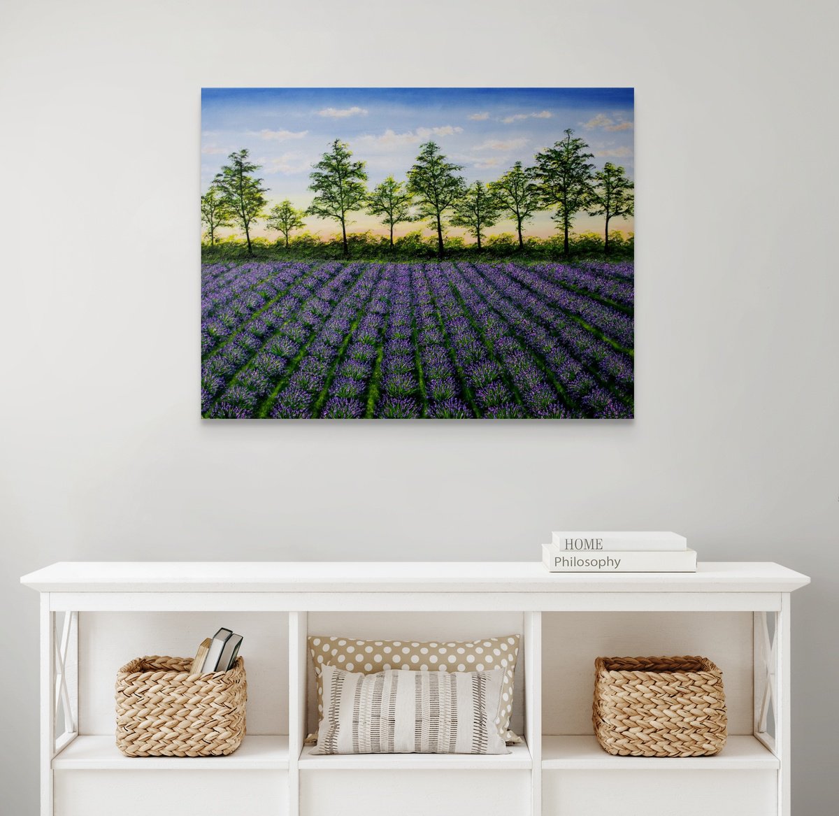 Impressionistic Landscape Oil Painting By Hazel Thomson, 39 X 30, Lavender Fields At Dusk, Original Artwork