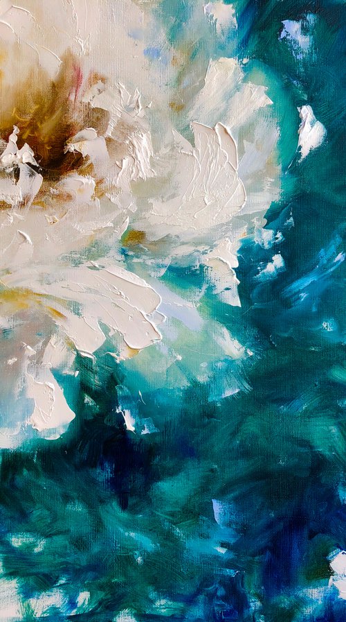 TANGO IN WHITE FLOWERS - Texture. Abstraction. White peony. Macro flowers. Modern art. Blue shades. 3d flower. Macro-peony. Wall art with flowers. by Marina Skromova