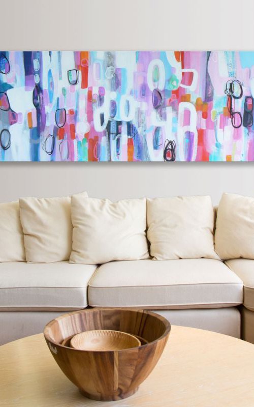 I’ll sing it to you (large landscape format colourful abstract in pinks and purples) by Carolynne Coulson