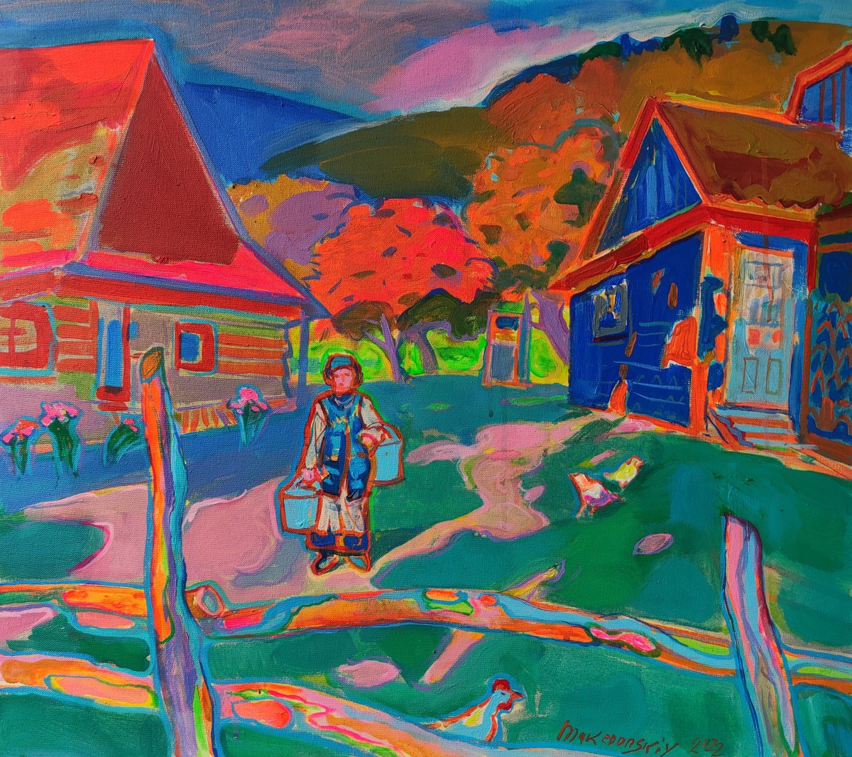 Expressive Landscape Acrylic Painting By Pavlo Makedonskyi, 28 X 24", In My Yard, Original Artwork