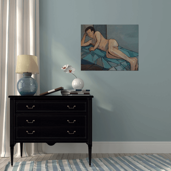 Nude Man Rests on Blue Cover