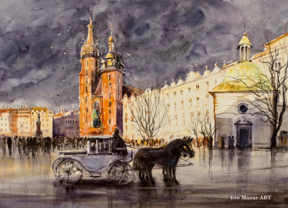 Impressionistic Cityscapes Watercolour By Eve Mazur, 18 X 13, Krakow In The Winter Sun, Original Artwork