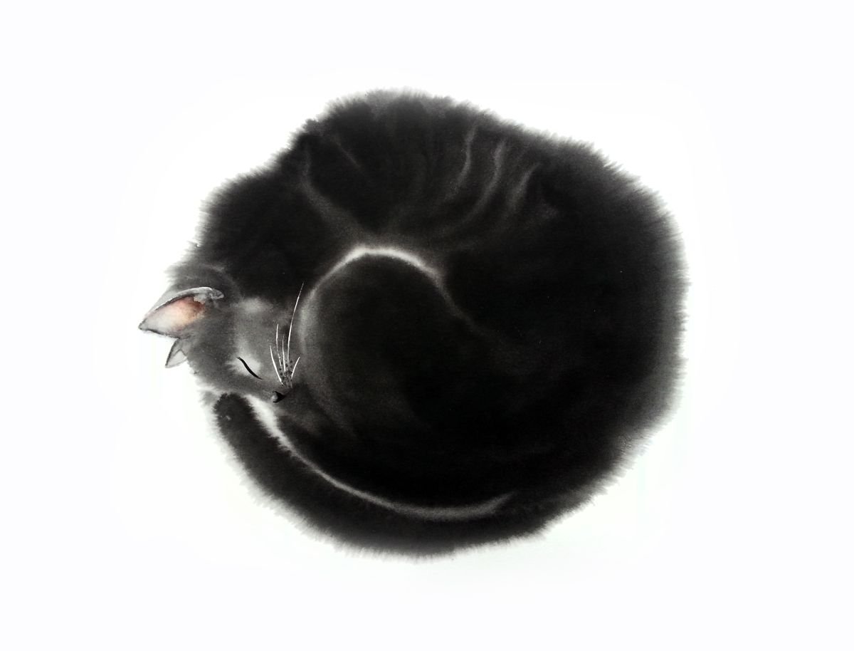 Black cat curled up in a ball by Olga Beliaeva Watercolour