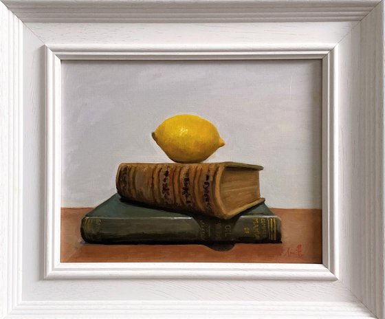 Lemon & Books Still Life; Framed & ready to hang home decor gift oil painting.