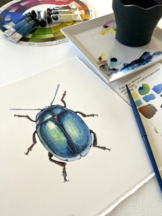 Blue beetle. ORIGINAL WATERCOLOUR ARTWORK.