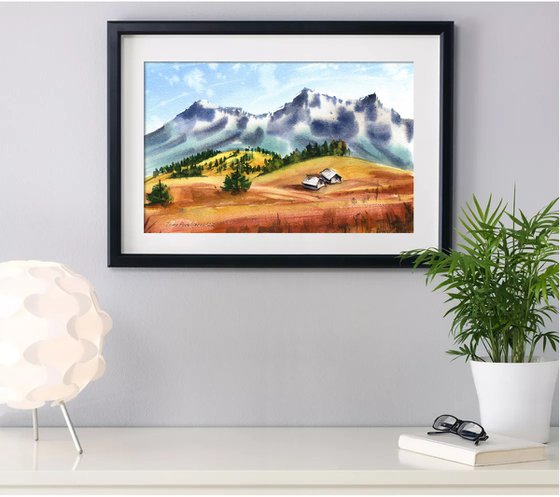 Autumn Symphony original watercolor autumn painting with mountains, gift idea