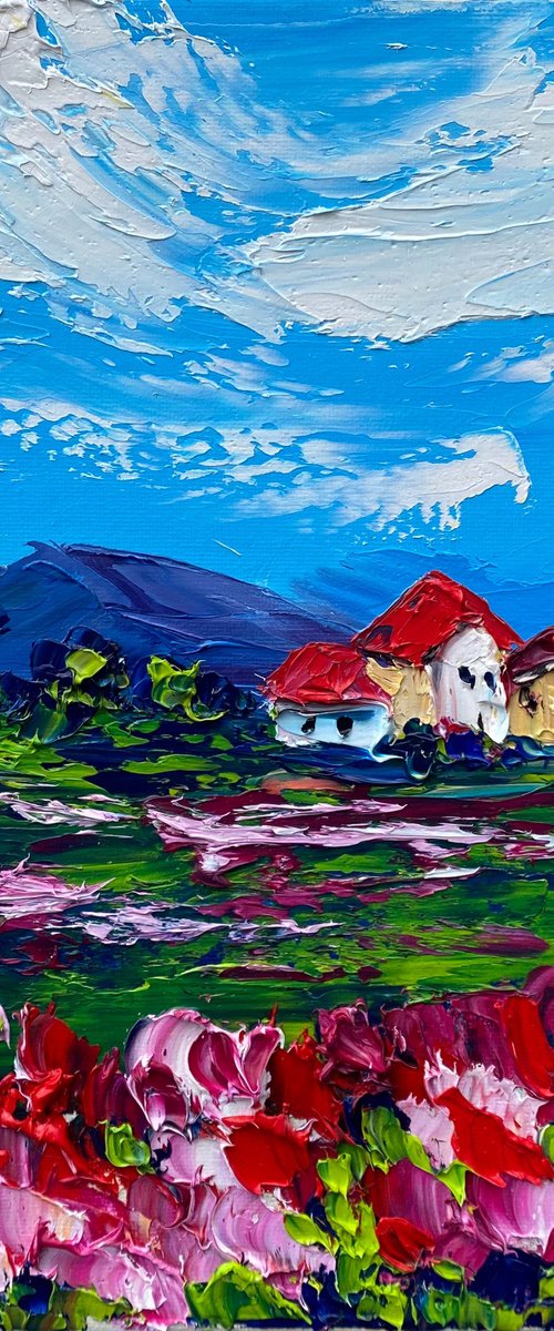 The small house in the valley among the flowers. Impasto painting by Oksana Fedorova