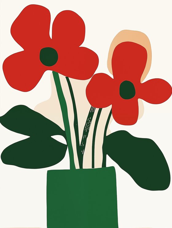 Red Flowers in Green Vase