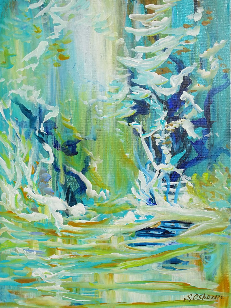 Abstract Forest Pond Painting. Floral Garden. Abstract Tropical Flowers. Original Blue Tea... by Sveta Osborne