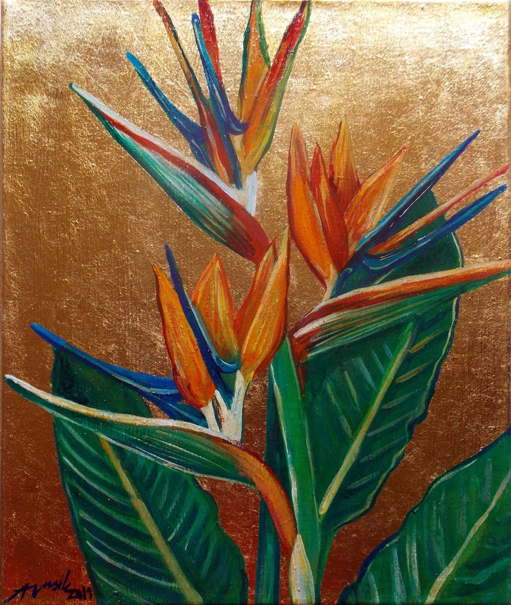 Strelitzia - Bird of Paradise Flowers - Original Painting in Acrylic with Golden Leaf on C... by Adriana Vasile