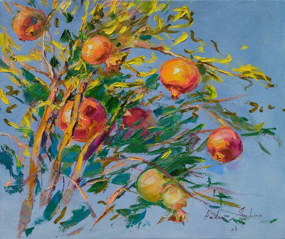 Pomegranate on gray blue