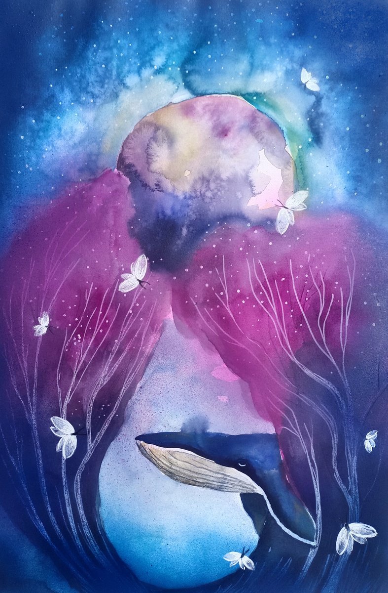 Surrealistic Landscape Watercolour By Evgenia Smirnova, 15 X 22, A Moon To Follow, Original Artwork