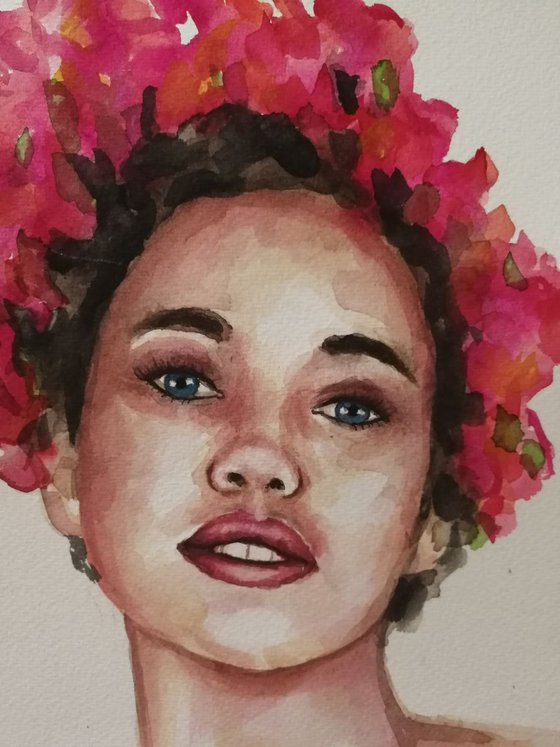 Girl with flowers - original watercolor portrait