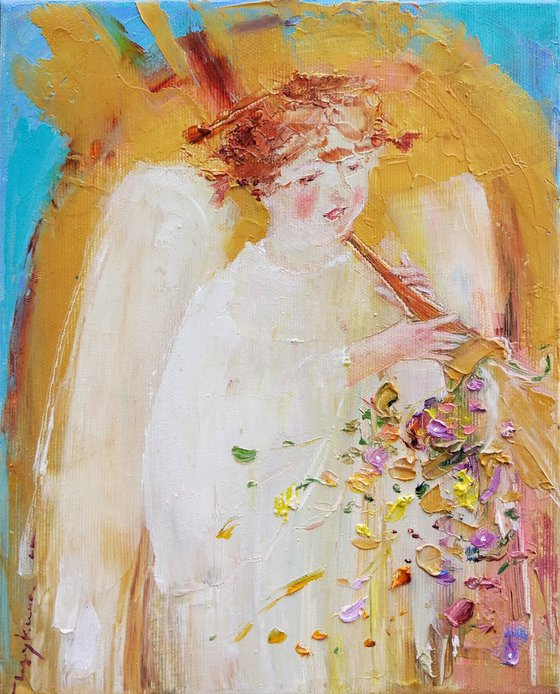 Christmas angel with fife | Christmas little series | Original oil painting