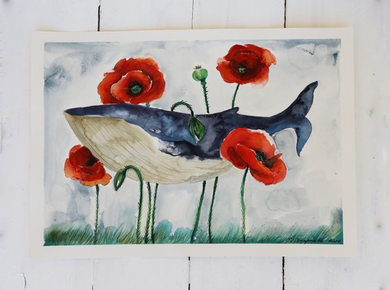 Whale With Poppy Flowers