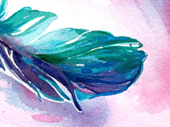 Still life "Fantasy bright blue-green feather of a bird" original watercolor painting square postcard