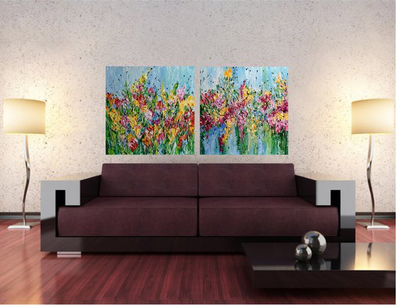 Sun Kissed Flowers - Textured Landscape Painting, Original Abstract Floral Artwork, Palette Knife Art