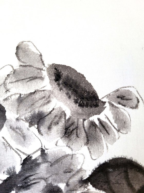 Monochromatic ink sunflowers and red ladybug - Oriental Chinese Ink Painting