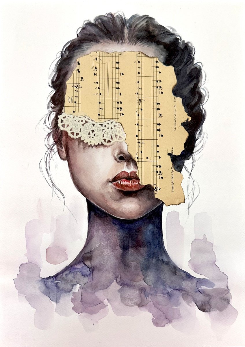 Photorealistic Portrait Painting By Julia Shilo, 12 X 17", Watercolor Female Portrait Music Collage, Original Artwork