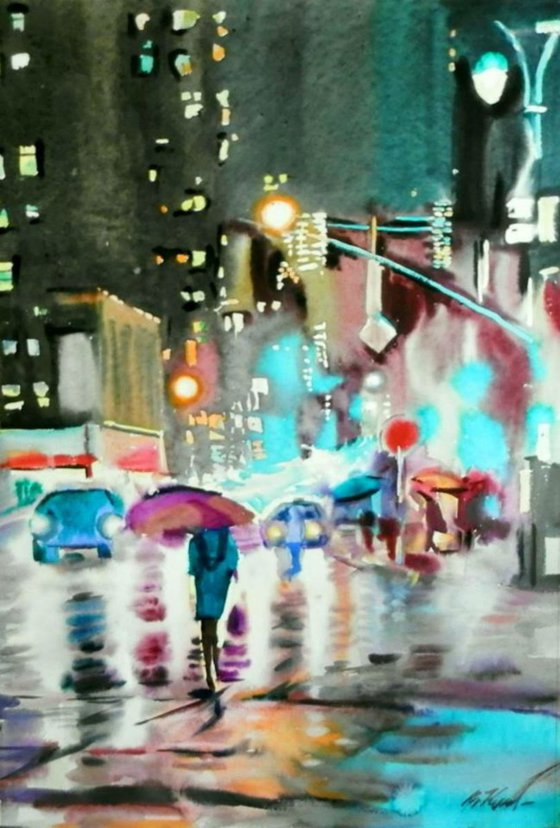 Under rain, large watercolor 70x100 cm