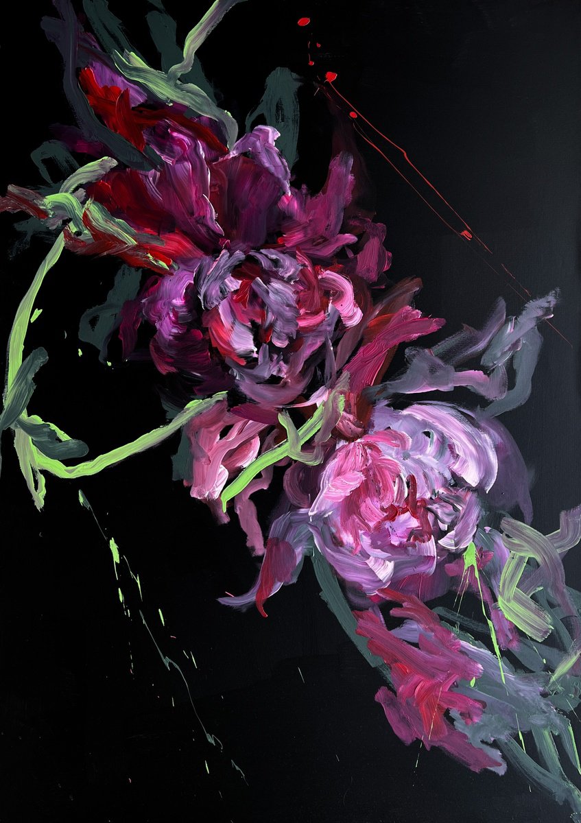 Abstract Botanical Acrylic Painting By Rosi Roys, 39 X 55", Pink Flower 17, Original Artwork