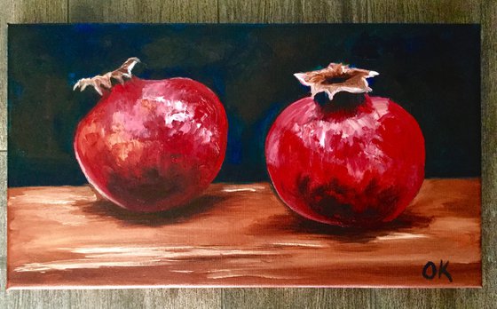 Still life with two  Pomegranates fruits still life original oil painting on canvas wall decor