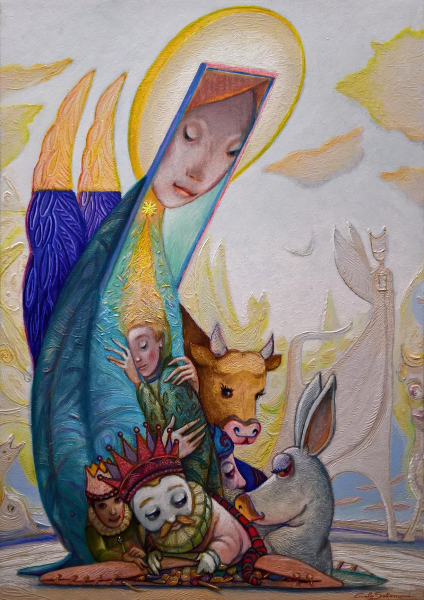 Surrealistic Portrait Acrylic Painting By Carlo Salomoni, 20 X 28, A Hug From Afar, Original Artwork