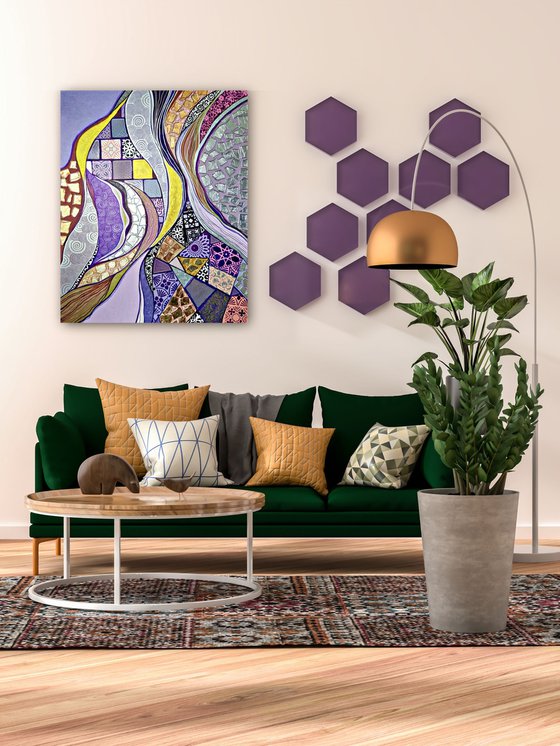 Colorful abstract painting. Purple lilac silver gold Oriental wall art