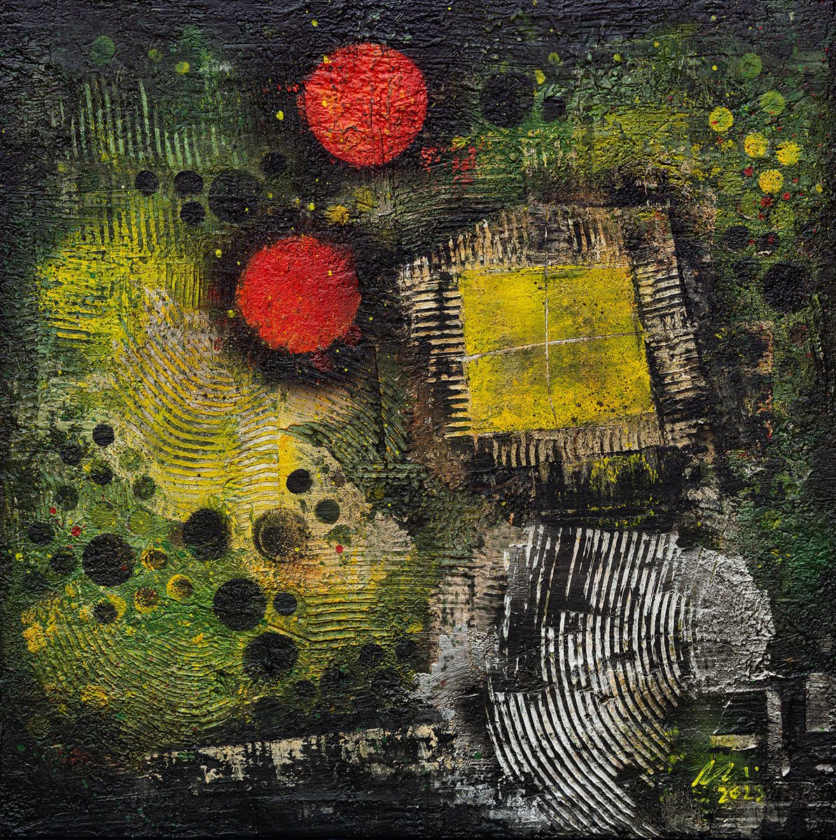 Abstract expressive painting: Two Suns by Peter Zelei