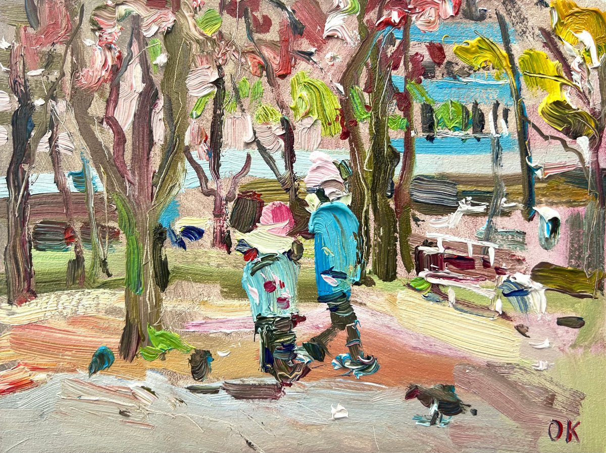 Impressionistic Landscape Oil Painting By Ole Karako, 8 X 6", Children In The Park, Original Artwork