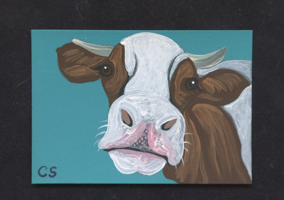 ACEO ATC Original Miniature Painting Brown White Cow Farmyard Art-Carla Smale