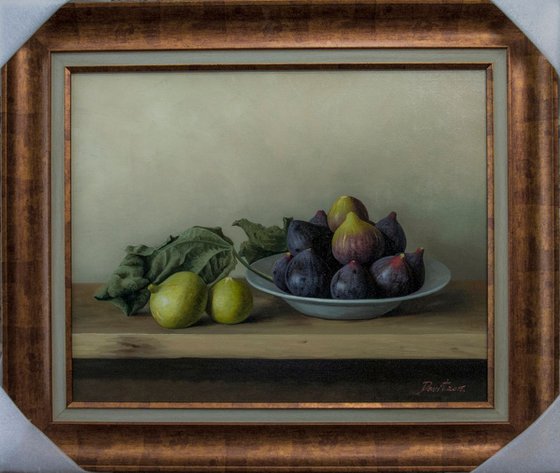 Three types of figs, 40x50cm, oil on linen 2018, original classic still life