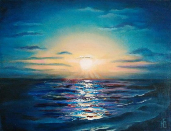 Southern sunset, Seascape Painting Ocean Original Art Night Sky Artwork Sunset Wall Art 45x35 cm ready to hang.