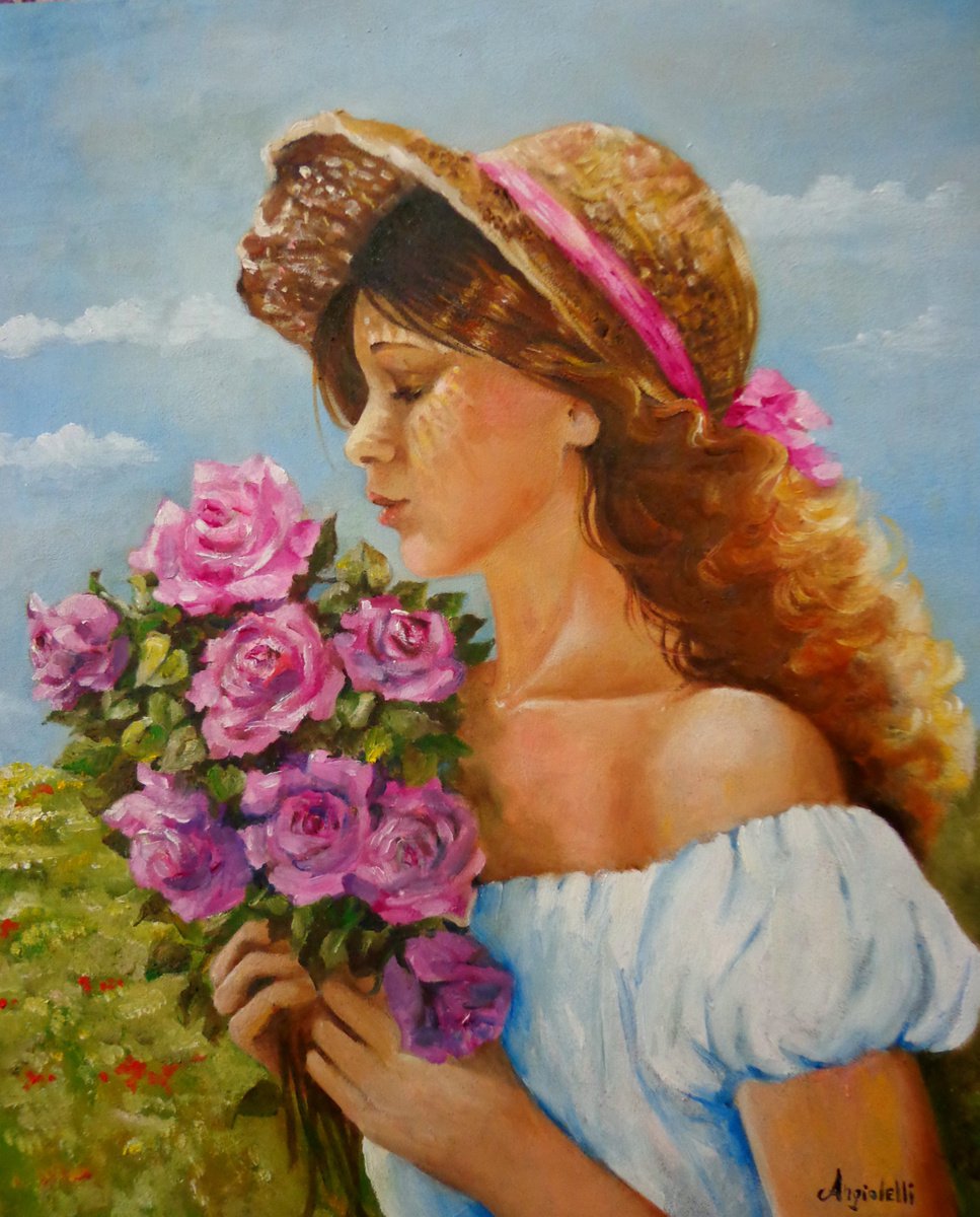 Photorealistic Portrait Oil Painting By Anna Rita Angiolelli, 16 X 19, Perfume Of Spring, Original Artwork