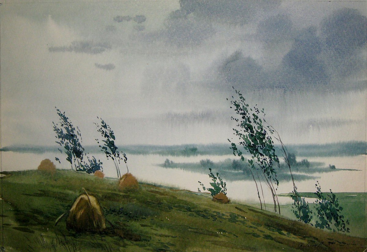 Impressionistic Landscape Watercolour By Valeriy Savenets-1, 15 X 9", Cold August, Original Artwork
