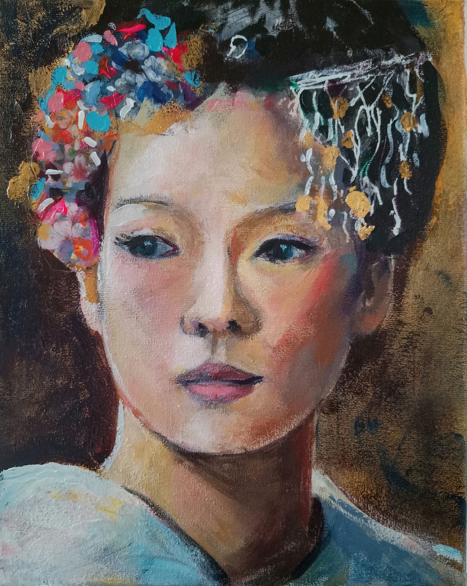 Expressive Portrait Acrylic Painting By Marina Del Pozo, 9 X 12", Gheisa #12, Original Artwork