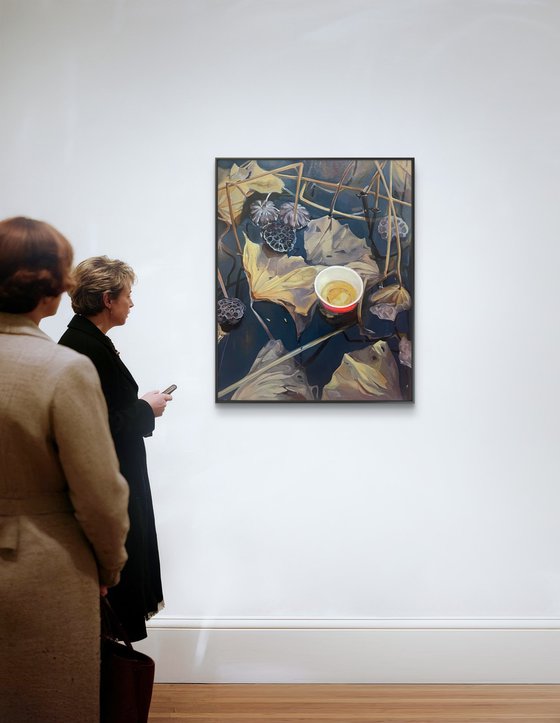 Instant noodles cup. Lotus pond.