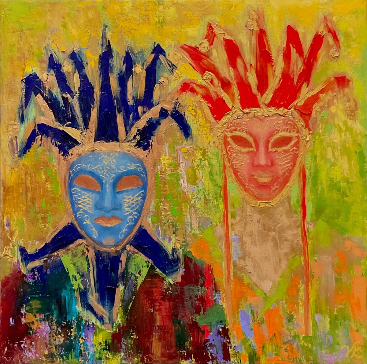 Abstract Portrait Oil Painting By Vera Klimova, 22 X 22", Man And Woman, Original Artwork