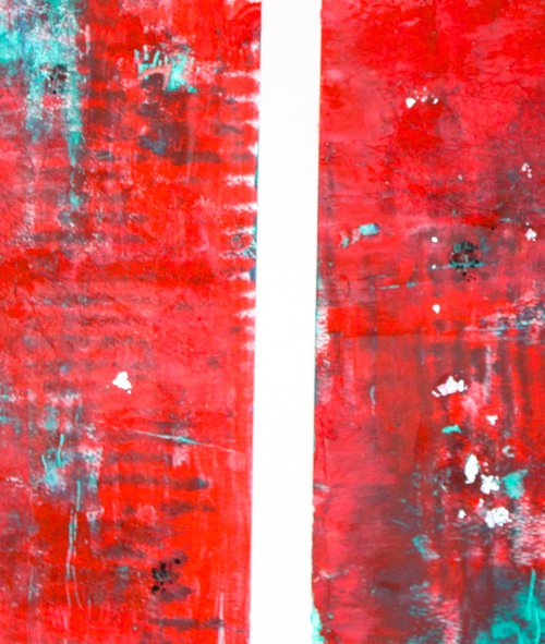 Red and turquoise cold wax 3 by Laura Spring