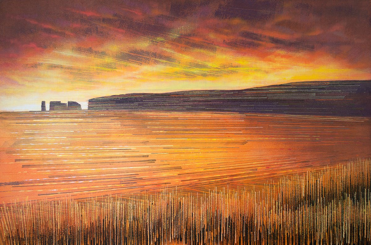 Impressionistic Landscape Acrylic Painting By Marc Todd, 30 X 20", Studland Bay At Sunset, Original Artwork