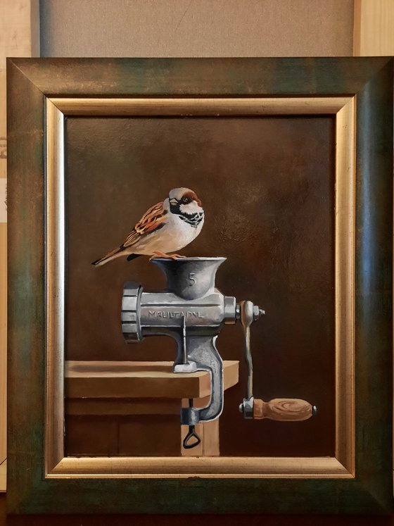 Still life with sparrow and meat grinder (24x30cm, oil painting, ready to hang, framed)