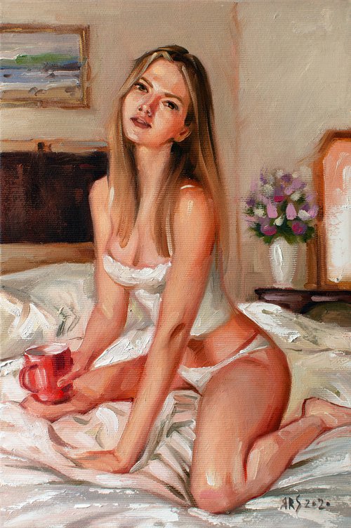 MORE COFFEE PLEASE! - Stunning Wall Art: Portrait of a Beautiful Blonde Girl in her bedroom with a cup of coffee - Home Decor at its Finest! by Yaroslav Sobol