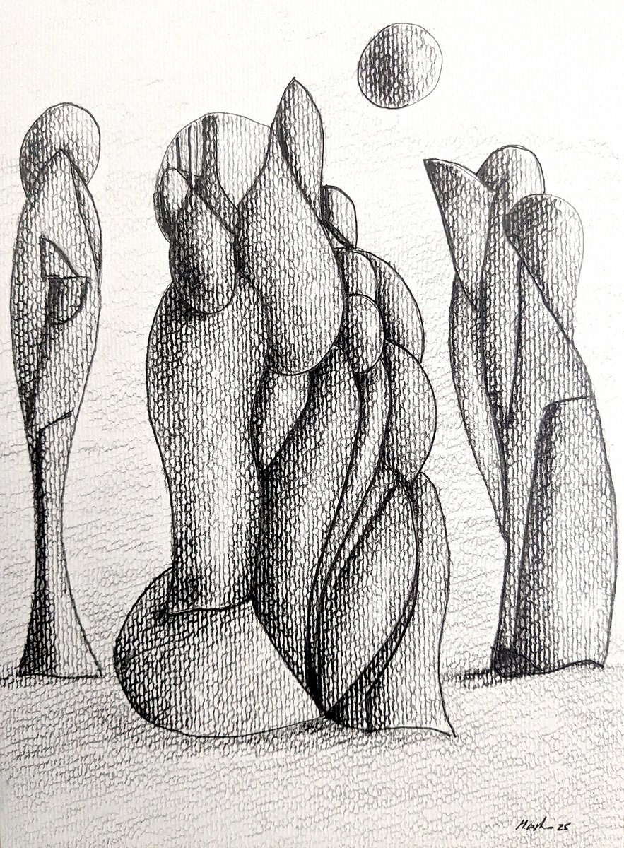 Surrealistic Abstract Pencil Drawing By Massimo Castronuovo, 8 X 11", Village., Original Artwork