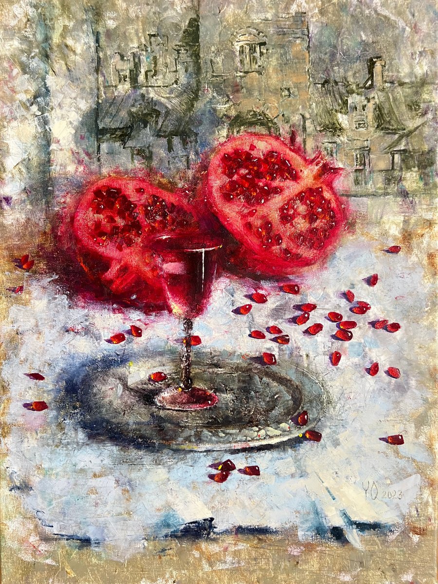 Impressionistic Still Life Oil Painting By Yulia Odukalets, 16 X 20", Red Pomegranates Wine Glass, Original Artwork