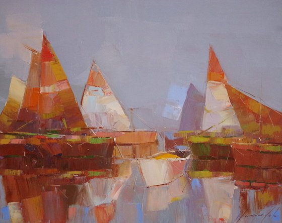 Sail Boats, Seascape Original oil painting, Handmade artwork, One of a kind